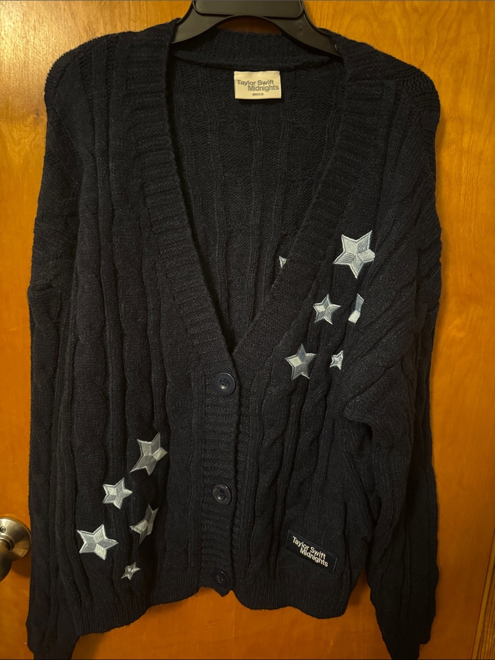 Taylor Swift Midnights Navy Cable Knit Cardigan with Light Blue Star Patches